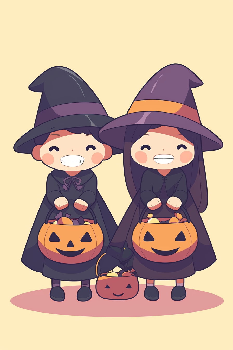 cute halloween drawings for kids, depicting two smiling children in witch costumes holding candy-filled pumpkin buckets.